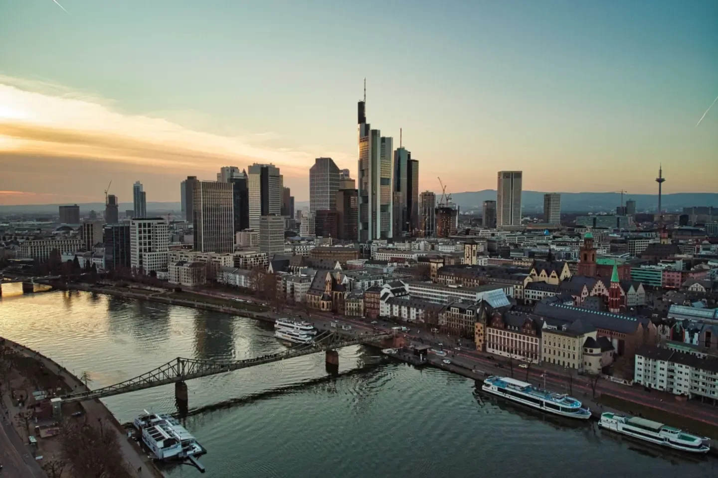 The Frankfurt skyline and the river Main at dusk