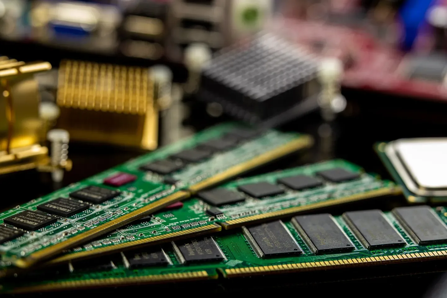 RAM modules lying on a computer motherboard